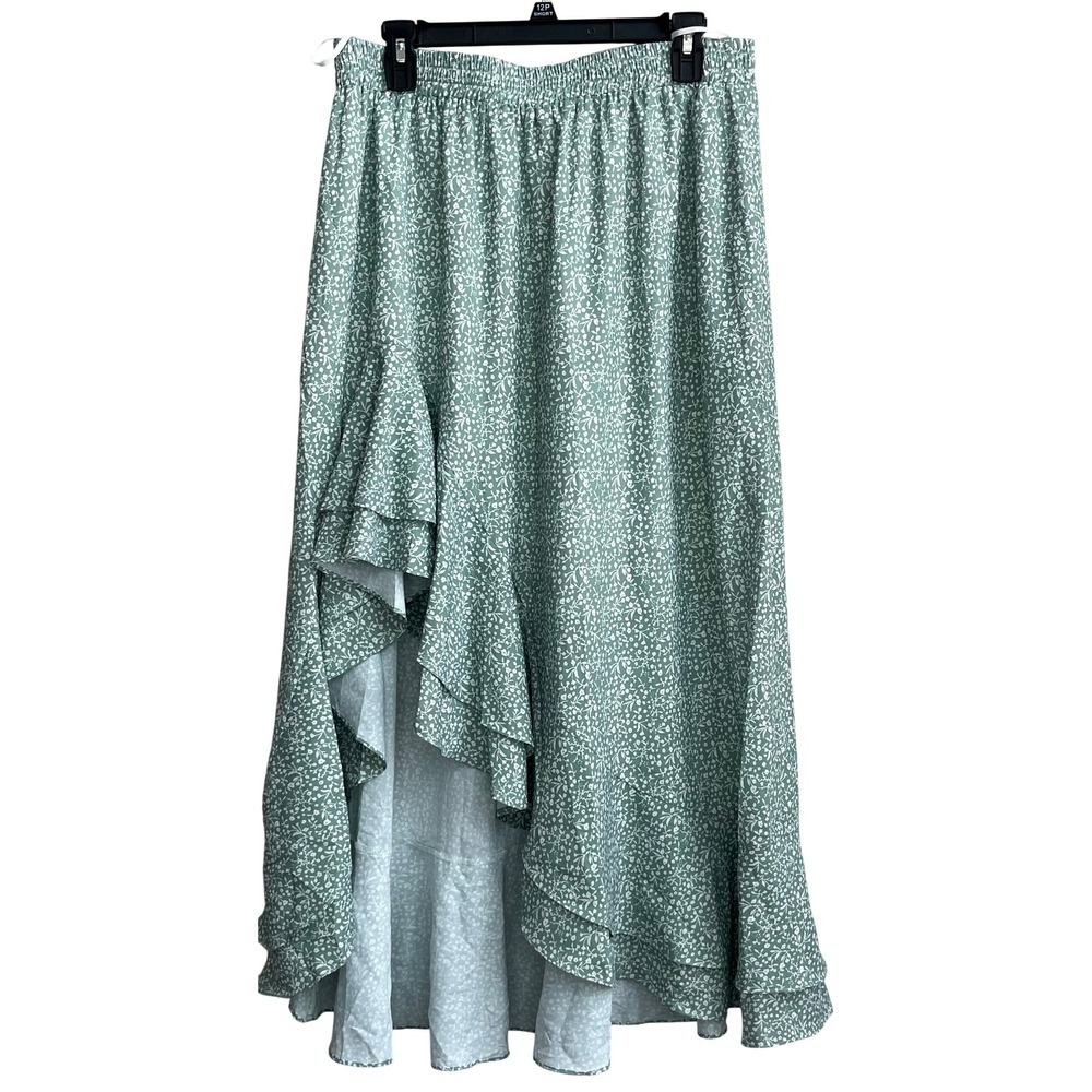 Scarlet Darkness Sage Green‎ Floral Ditsy Ruffle High-Low Maxi Skirt XL NWT